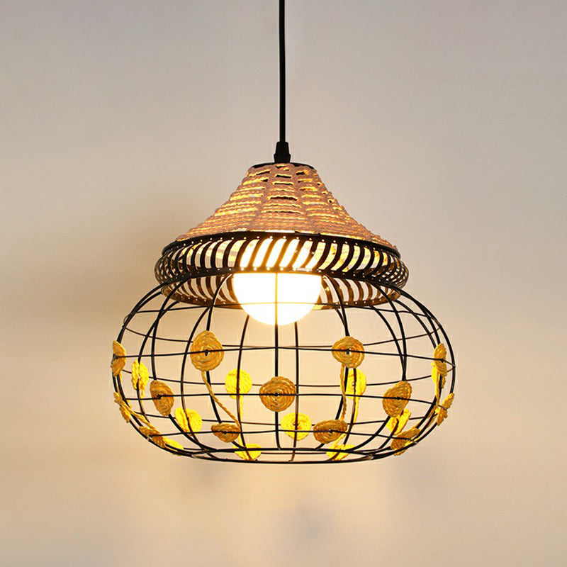 Hemp Rope Shaded Pendant Light Antique 1-Light Restaurant Hanging Light Fixture in Brown