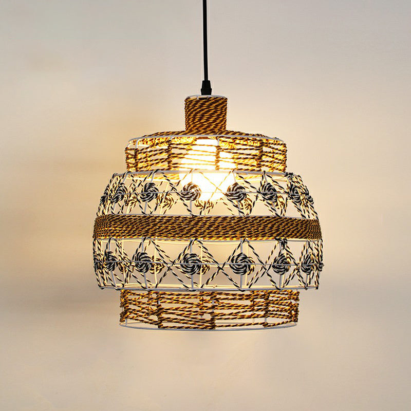 Hemp Rope Shaded Pendant Light Antique 1-Light Restaurant Hanging Light Fixture in Brown