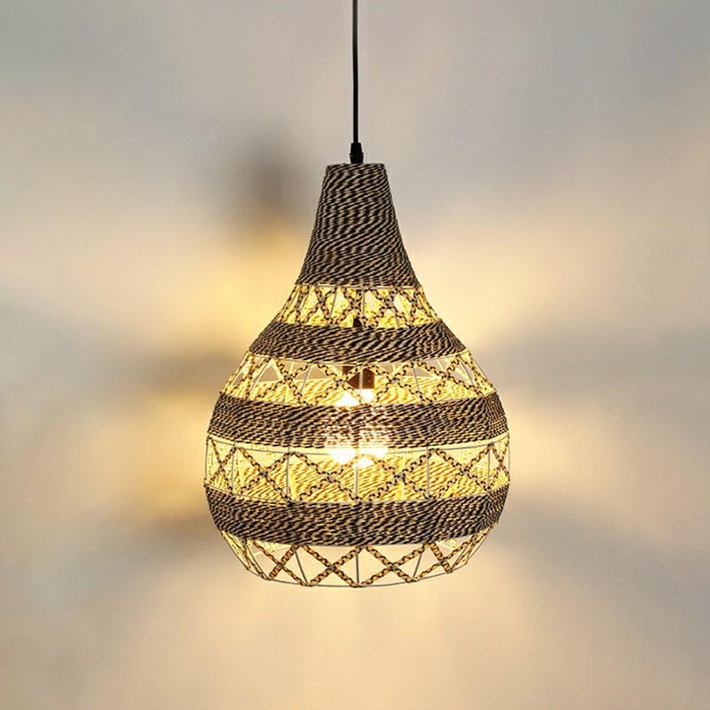 Hemp Rope Shaded Pendant Light Antique 1-Light Restaurant Hanging Light Fixture in Brown