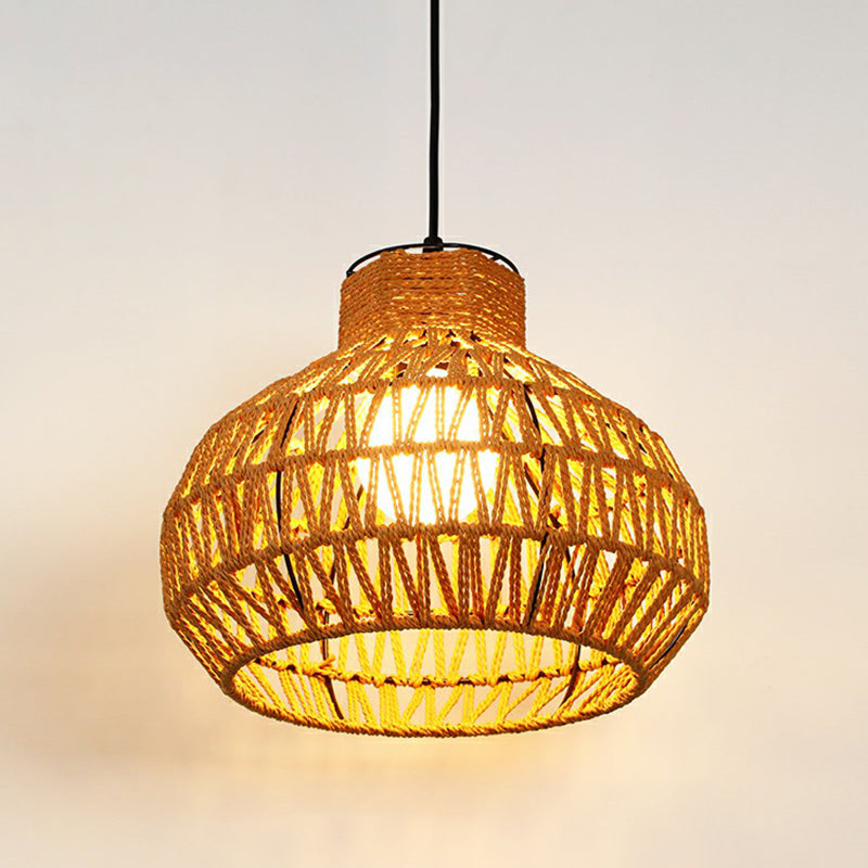 Hemp Rope Shaded Pendant Light Antique 1-Light Restaurant Hanging Light Fixture in Brown