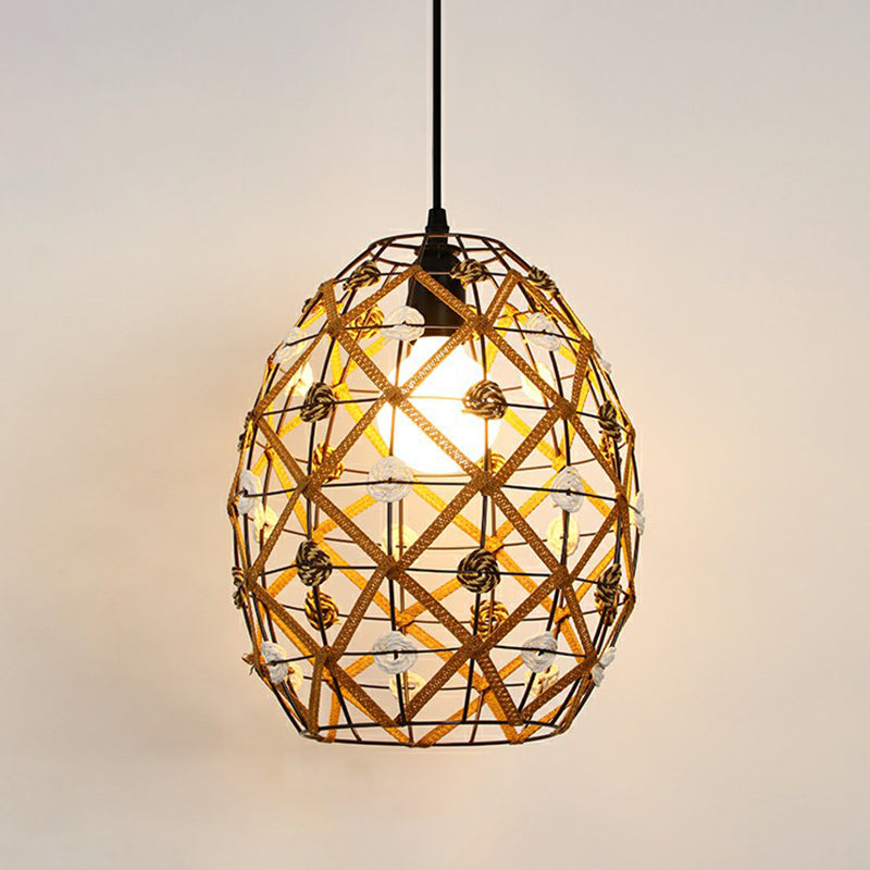 Hemp Rope Shaded Pendant Light Antique 1-Light Restaurant Hanging Light Fixture in Brown