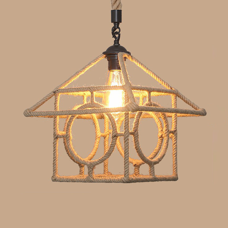 1 Bulb Hanging Light Rustic Style Wrapped Hemp Rope Pendant Light Fixture in Brown