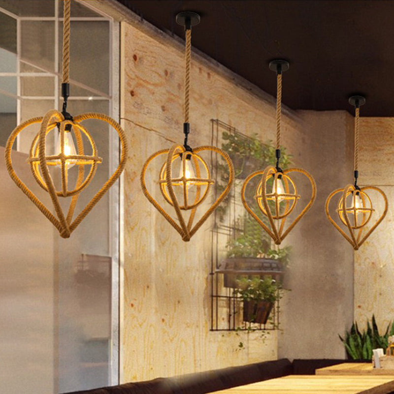 Hennep touw gekooide hangende licht vintage single-bulb restaurantverlichting hanger in bruin