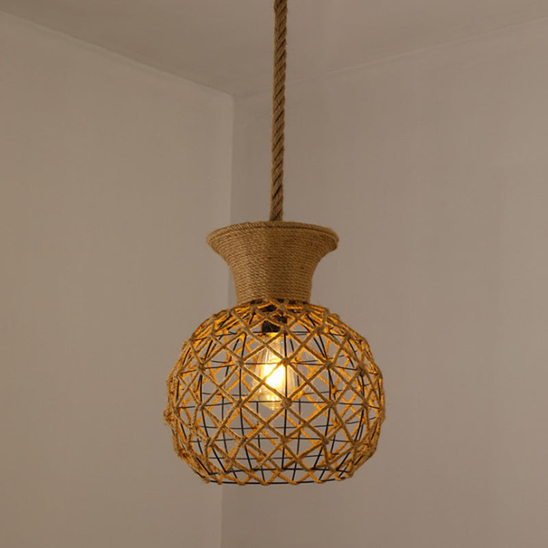 Hemp Rope Caged Hanging Light Vintage Single-Bulb Restaurant Lighting Pendant in Brown