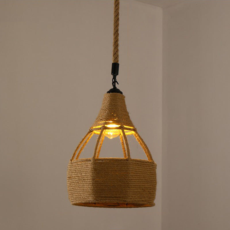 Hennep touw gekooide hangende licht vintage single-bulb restaurantverlichting hanger in bruin