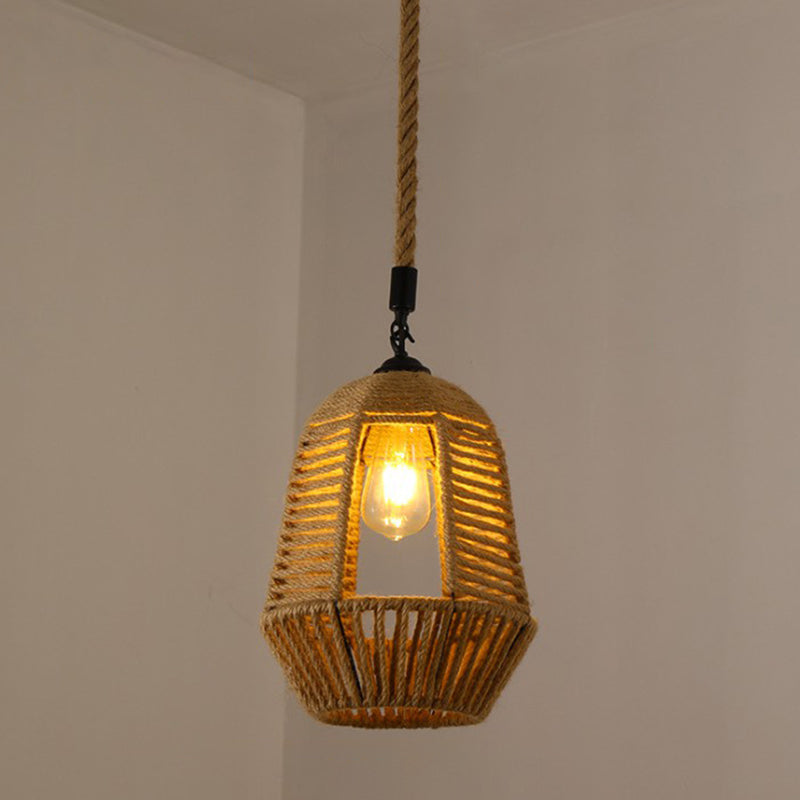 Hennep touw gekooide hangende licht vintage single-bulb restaurantverlichting hanger in bruin