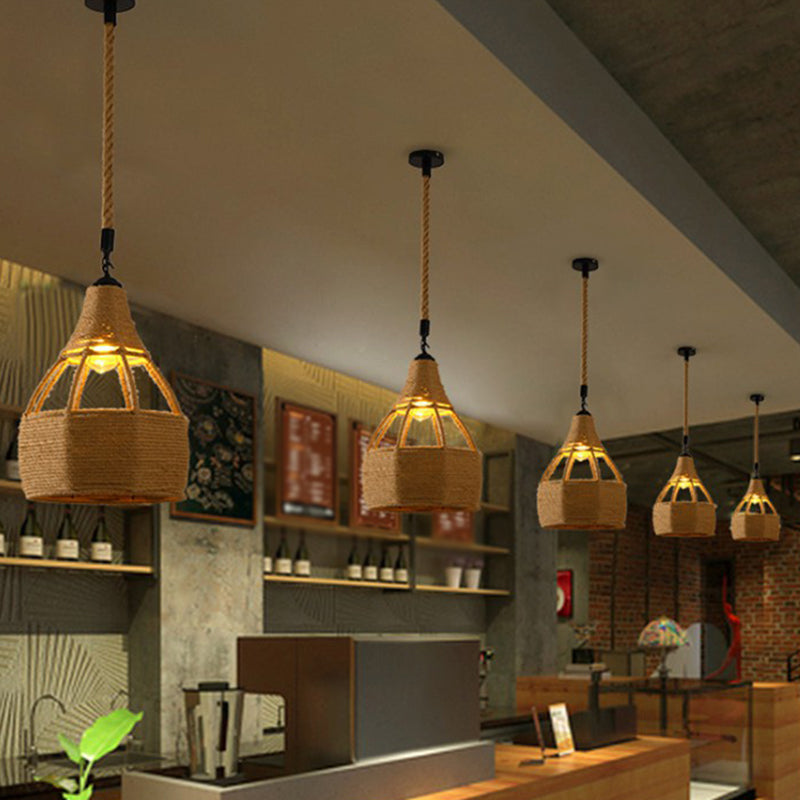 Hemp Rope Caged Hanging Light Vintage Single-Bulb Restaurant Lighting Pendant in Brown