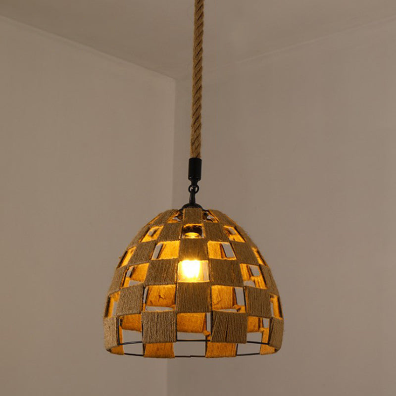 Hemp Rope Caged Hanging Light Vintage Single-Bulb Restaurant Lighting Pendant in Brown