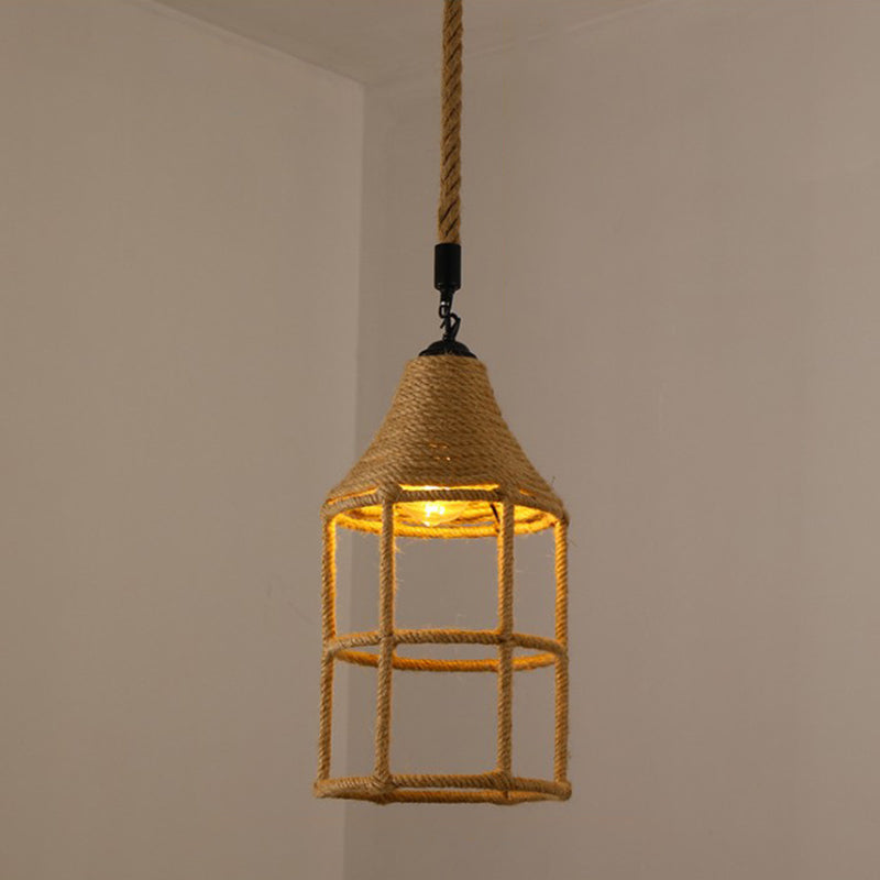 Hemp Rope Caged Hanging Light Vintage Single-Bulb Restaurant Lighting Pendant in Brown