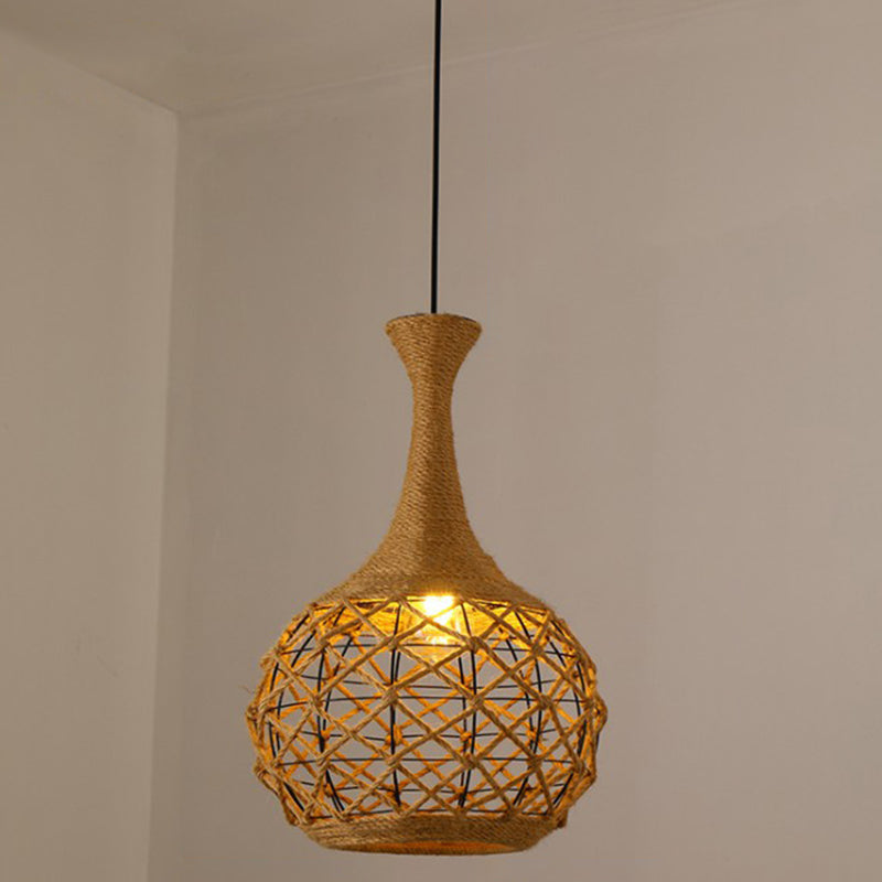 Hemp Rope Caged Hanging Light Vintage Single-Bulb Restaurant Lighting Pendant in Brown