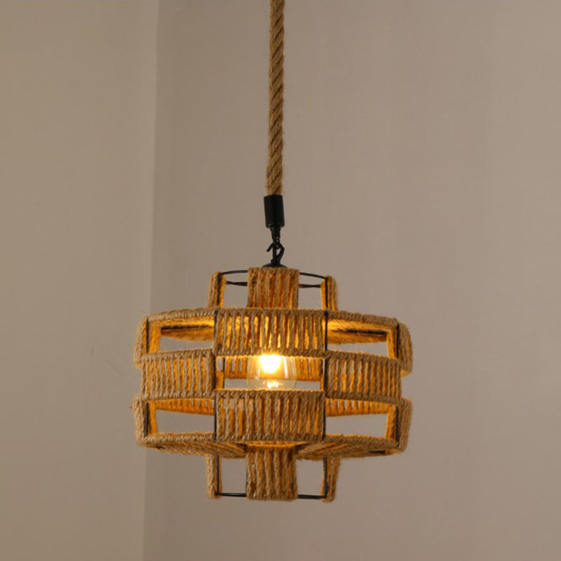 Hemp Rope Caged Hanging Light Vintage Single-Bulb Restaurant Lighting Pendant in Brown