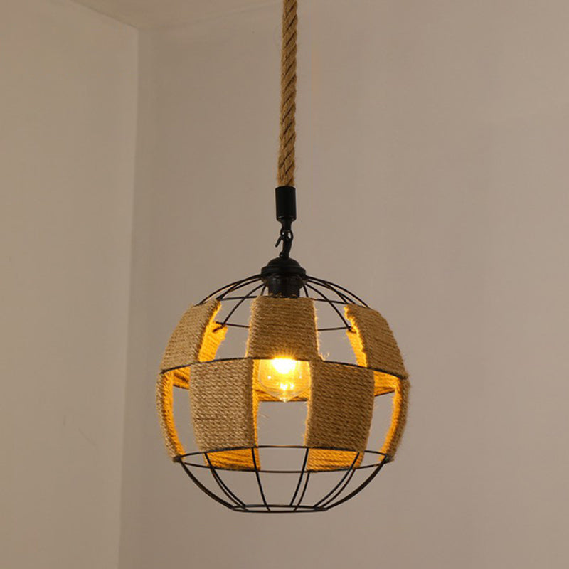 Hemp Rope Caged Hanging Light Vintage Single-Bulb Restaurant Lighting Pendant in Brown