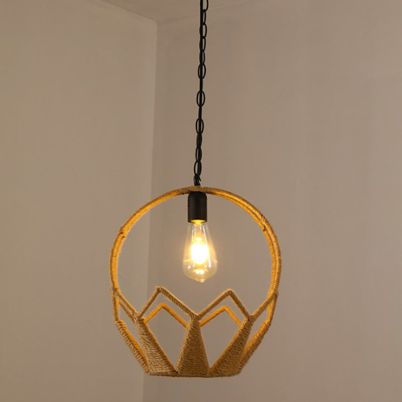 Hemp Rope Caged Hanging Light Vintage Single-Bulb Restaurant Lighting Pendant in Brown