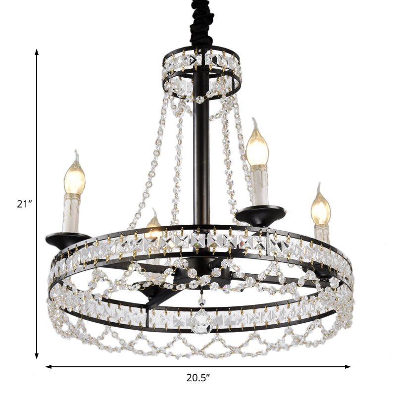 Retro Circular Hanging Chandelier Crystal 4/6/8 Lights Suspension Light in Black