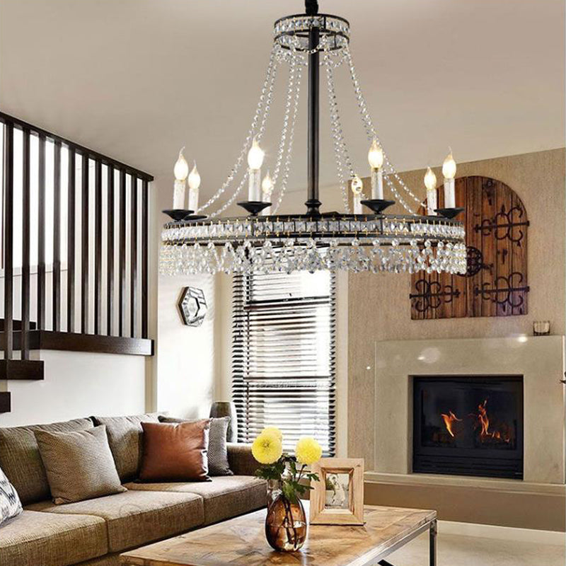 Retro Circular Hanging Chandelier Crystal 4/6/8 Lights Suspension Light in Black