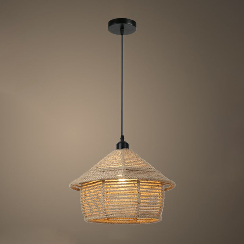 Rustic Style Wrapped Hanging Light 1 Bulb Hemp Rope Pendant Light Fixture in Brown