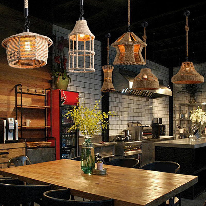 Hemp Rope Wrapped Ceiling Light Industrial Single Restaurant Hanging Pendant Light in Brown