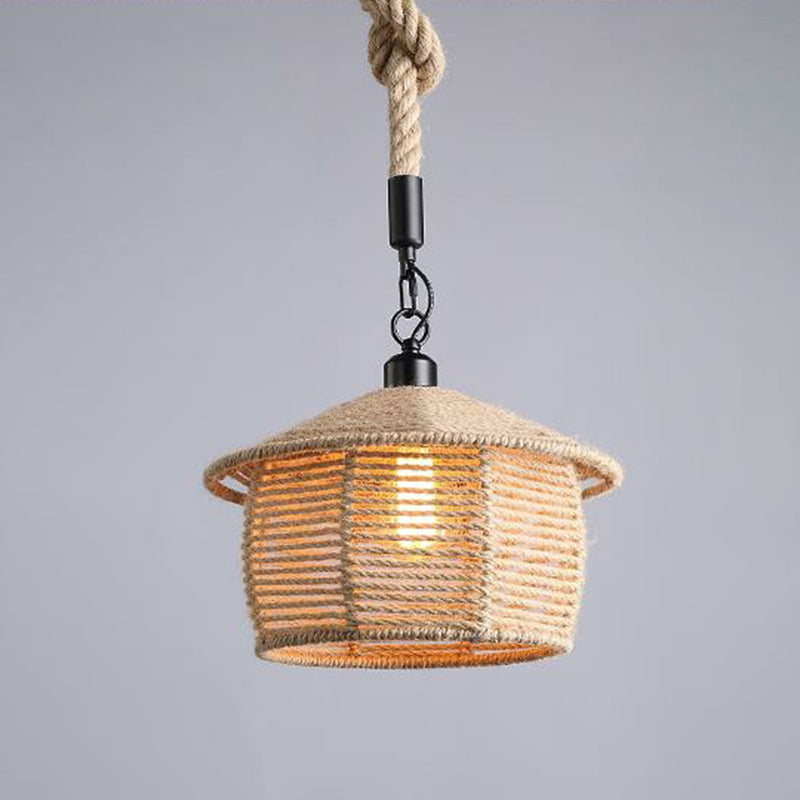 Hemp Rope Wrapped Ceiling Light Industrial Single Restaurant Hanging Pendant Light in Brown