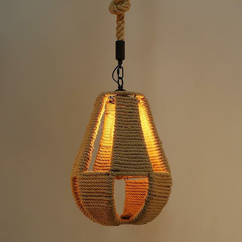 Hemp Rope Wrapped Ceiling Light Industrial Single Restaurant Hanging Pendant Light in Brown