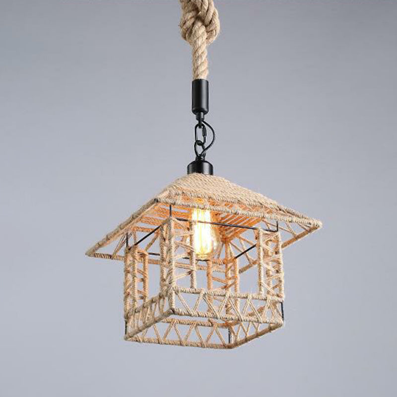 Hemp Rope Wrapped Ceiling Light Industrial Single Restaurant Hanging Pendant Light in Brown