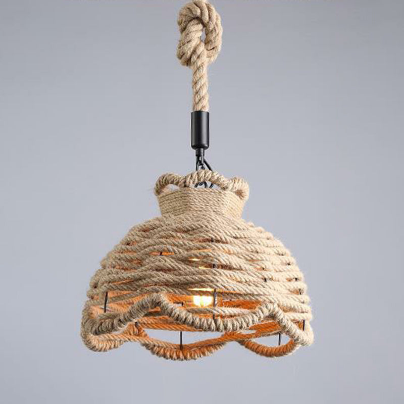 Hemp Rope Wrapped Ceiling Light Industrial Single Restaurant Hanging Pendant Light in Brown