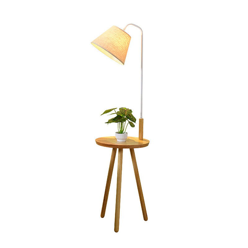 Tapered Living Room Stand Up Lamp Fabric Single-Bulb Nordic Floor Lighting with Wooden Tray in White