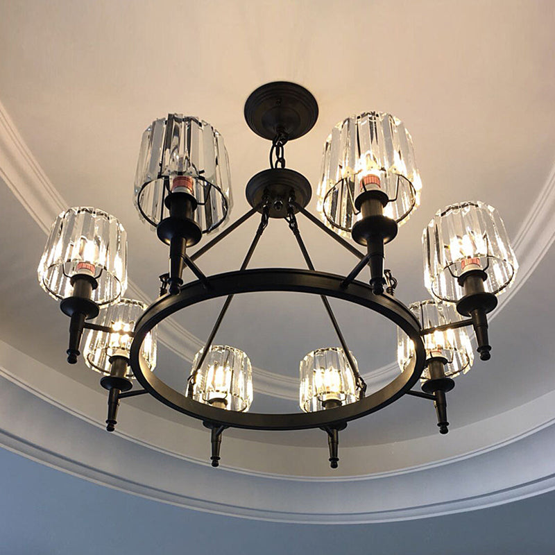 Circle Chandelier Lamp Contemporary Crystal 6/8 Bulbs Black Hanging Pendant Light for Living Room