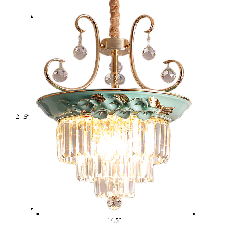 Green Tiered Hanging Chandelier Retro Crystal 3 Heads Pendant Light Fixture for Living Room