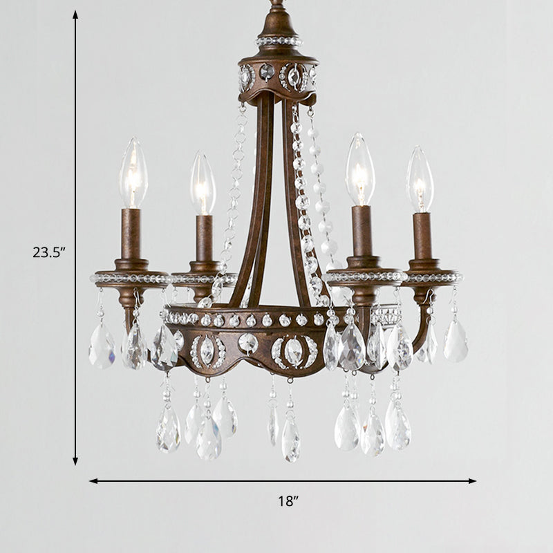 Metal Candle Chandelier Light Nordic 4 Lights Rust Hanging Light Fixture with Crystal Drop