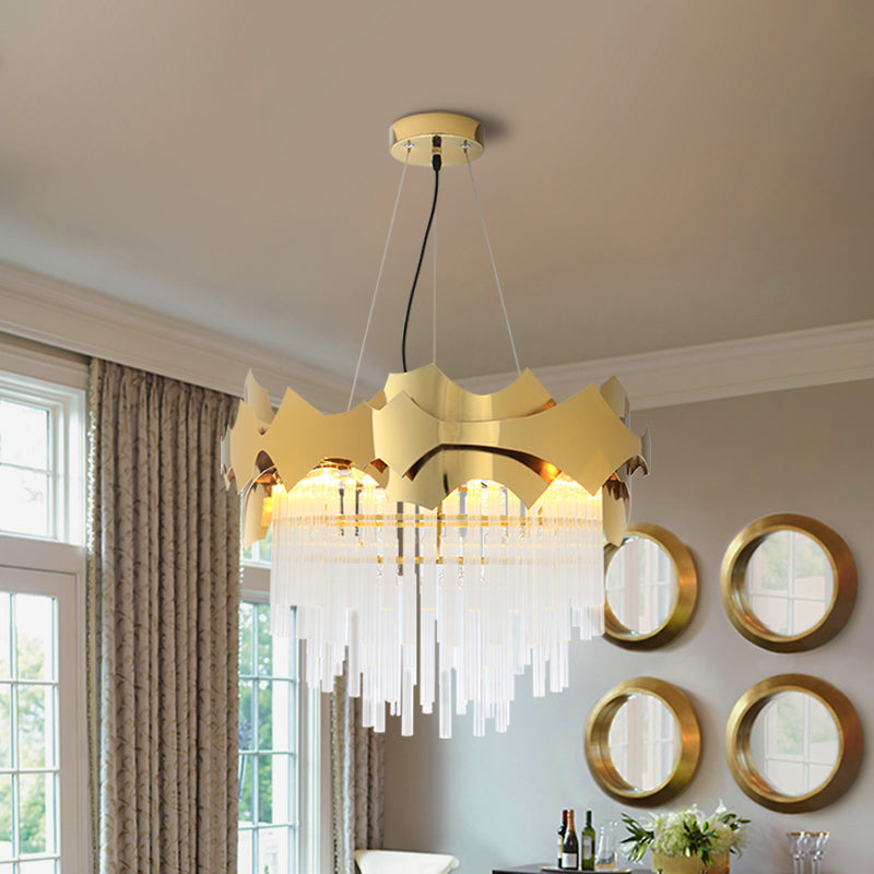 Tapered Chandelier Light Modern Ridged Clear Glass 6 Lights Gold Ceiling Pendant