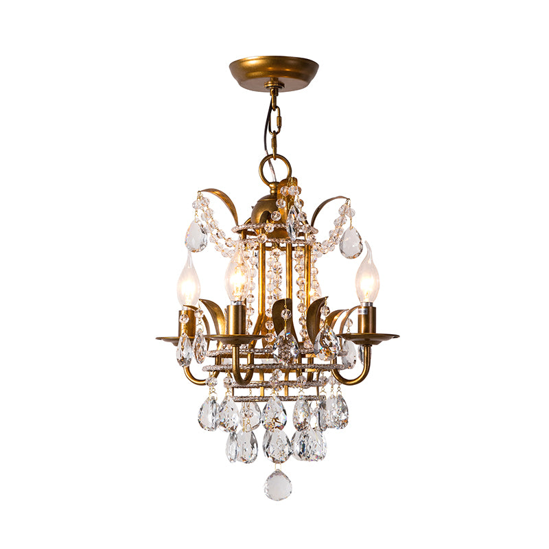 4 Lights Corridor Chandelier Light Modern Gold Hanging Lamp with Candle Crystal Drop