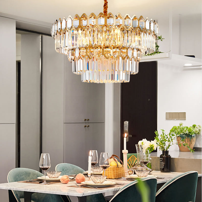 Modern Layered Chandelier Light Faceted Clear Crystal Prism 8 Lights Gold Hanging Light Kit