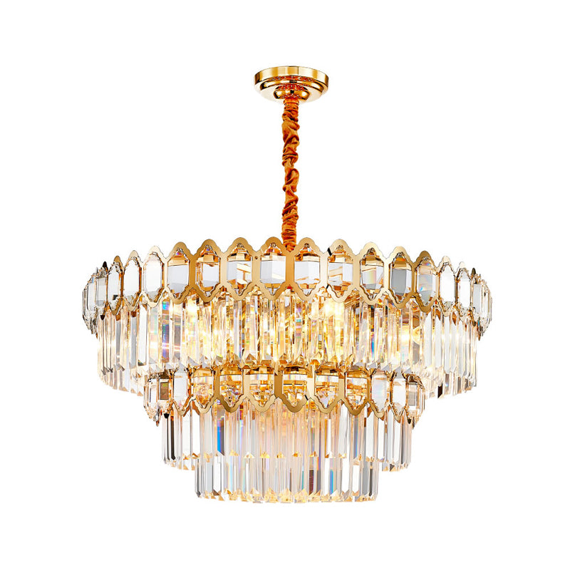 Modern Layered Chandelier Light Faceted Clear Crystal Prism 8 Lights Gold Hanging Light Kit