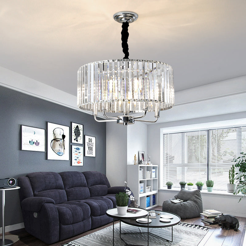 Tri-Sided Glass Rod Drum Ceiling Light Modern 4 Lights Chrome Ceiling Light, 19.5"/23.5" Wide