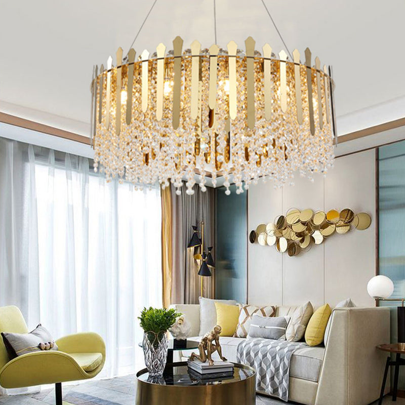 6 Lights Living Room Hanging Light Kit Brass Chandelier Light with Drum Crystal Strand Shade