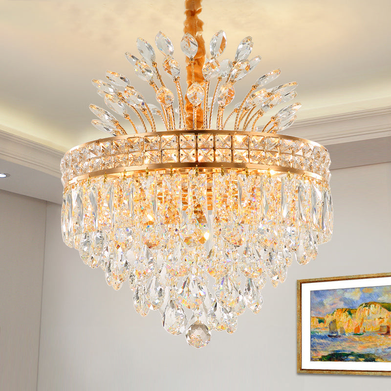 Tapered Chandelier Light Modern Faceted Crystal 9 Lights Gold Hanging Light Fixture for Bedroom