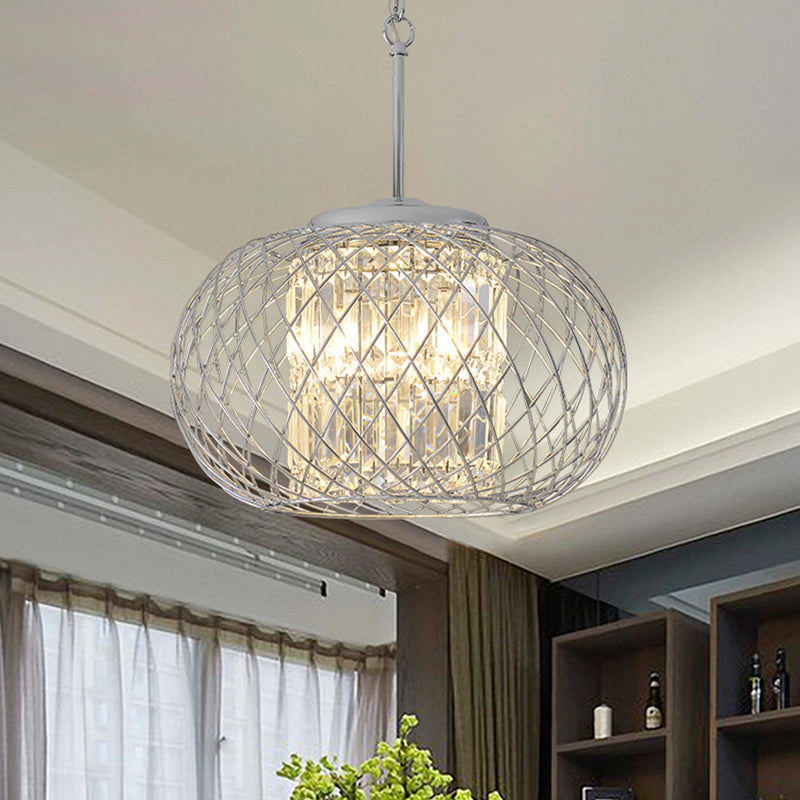 3 Lights Dining Room Chandelier Light Modern Chrome Hanging Light with Dome Cage Crystal Block Shade