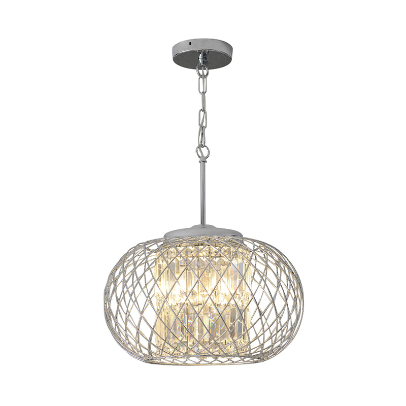 3 Lights Dining Room Chandelier Light Modern Chrome Hanging Light with Dome Cage Crystal Block Shade