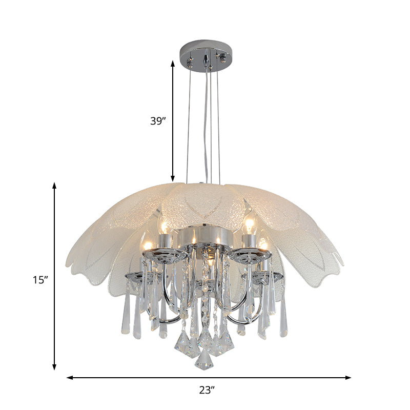 Modern Flower Chandelier Light Textured Glass Shade 5 Lights Chrome Ceiling Lamp with Crystal Drop