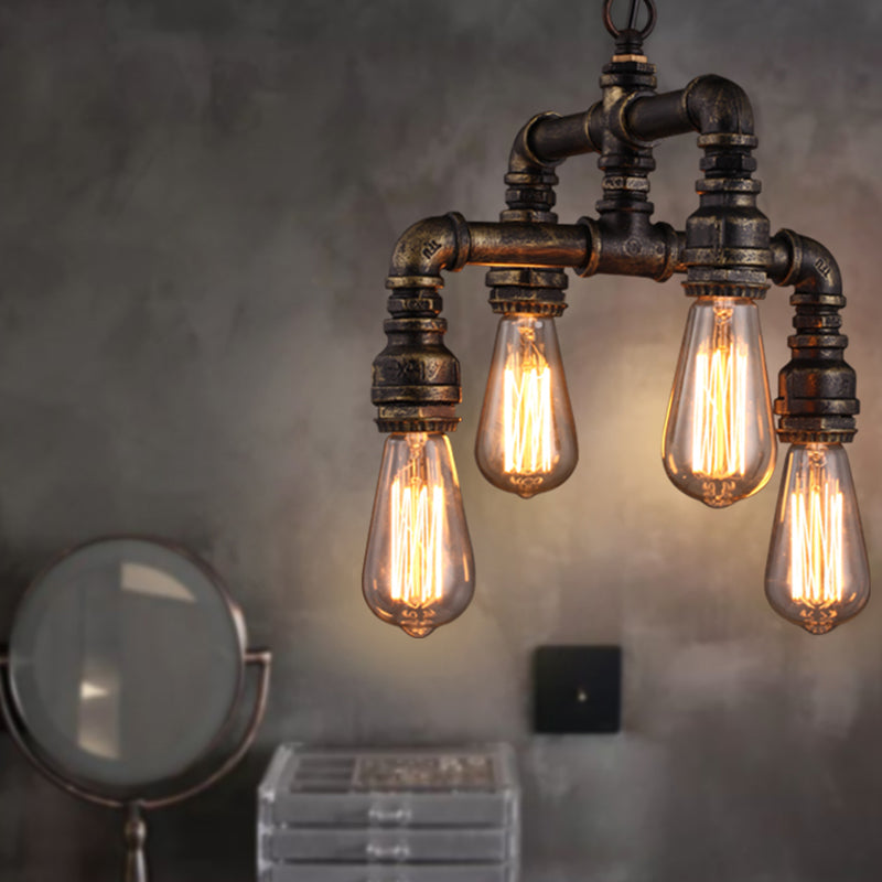 Industrial Plumbing Pipe Chandelier Pendant Light 4 Bulbs Iron Hanging Light in Rust