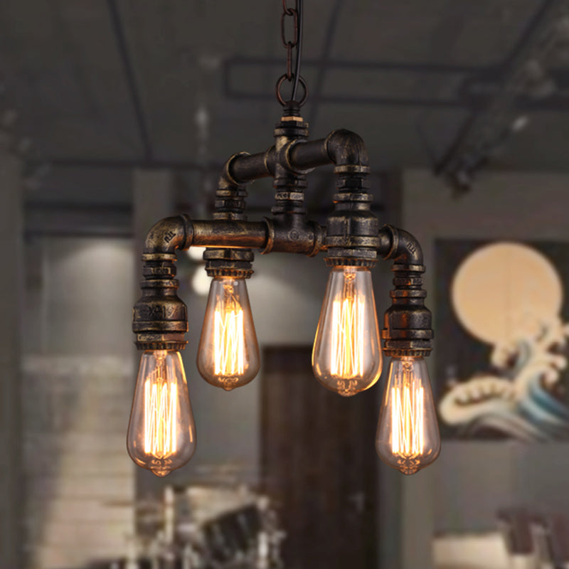 Industrial Plumbing Pipe Chandelier Pendant Light 4 Bulbs Iron Hanging Light in Rust