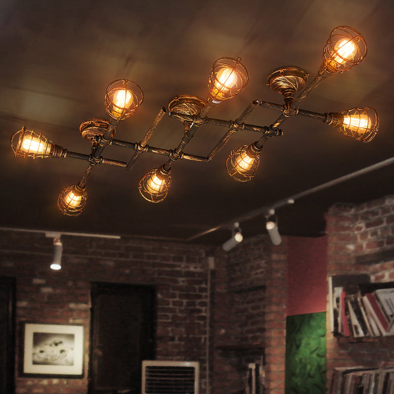 Pipe torsadée en fer Semi Flush Vintage Coffee Shop Flush Plafond Lightture avec cage en bronze