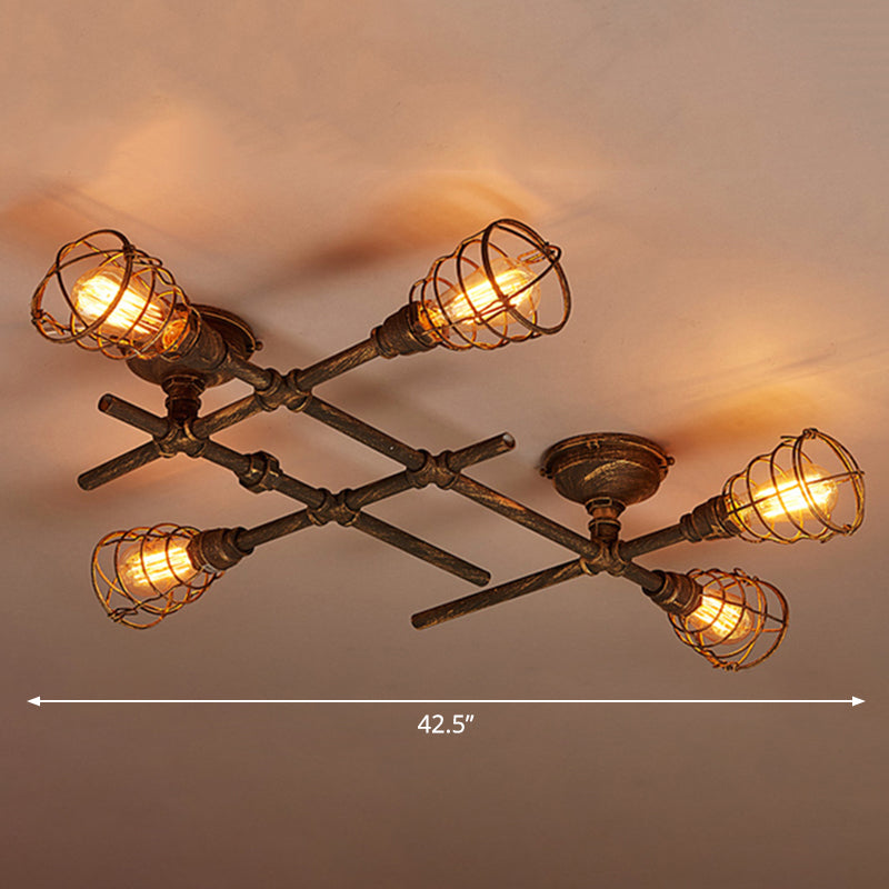 Iron Twisted Pipe Semi Flush Vintage Coffee Shop Flush Ceiling Light Fixture with Cage in Bronze