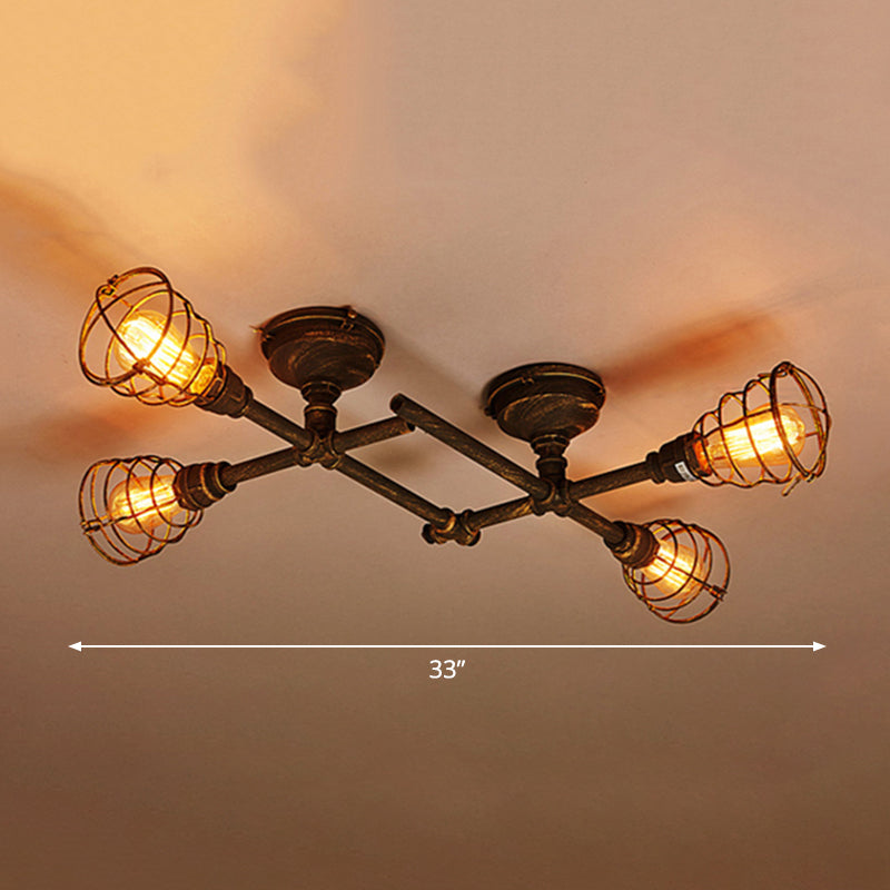 Pipe torsadée en fer Semi Flush Vintage Coffee Shop Flush Plafond Lightture avec cage en bronze