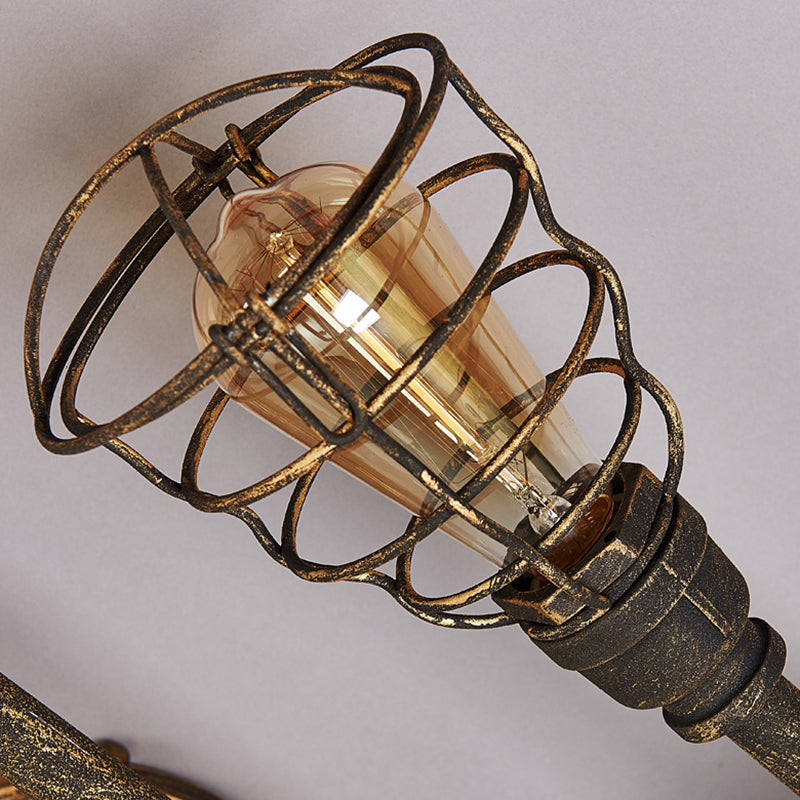 Iron Twisted Pipe Semi Flush Vintage Coffee Shop Flush Ceiling Light Fixture with Cage in Bronze