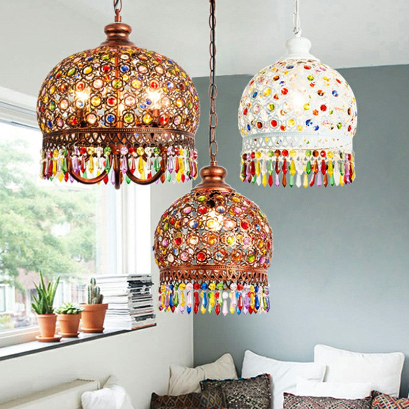 Bohemian Dome Ceiling Light 3 Bulbs Iron Hanging Pendant Light with Crystal Draping for Living Room