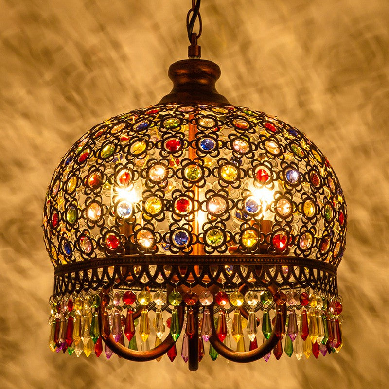 Bohemian Dome Ceiling Light 3 Bulbs Iron Hanging Pendant Light with Crystal Draping for Living Room