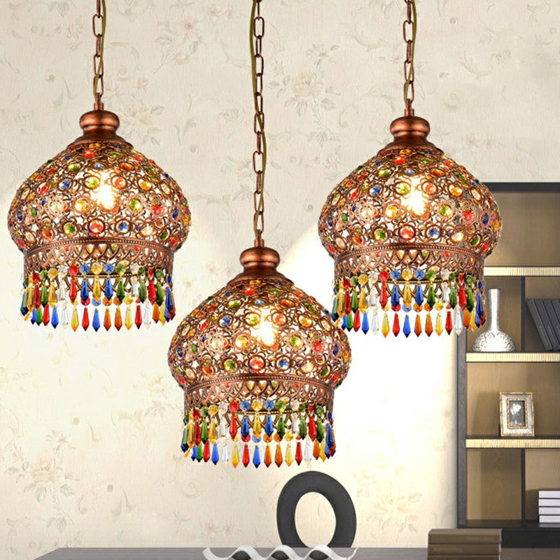 3 Heads Pendant Light Vintage Dome Iron Suspension Light Fixture with Crystal Accent