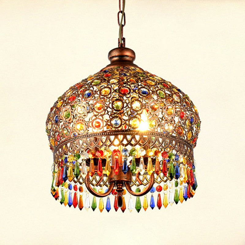 3 Heads Pendant Light Vintage Dome Iron Suspension Light Fixture with Crystal Accent