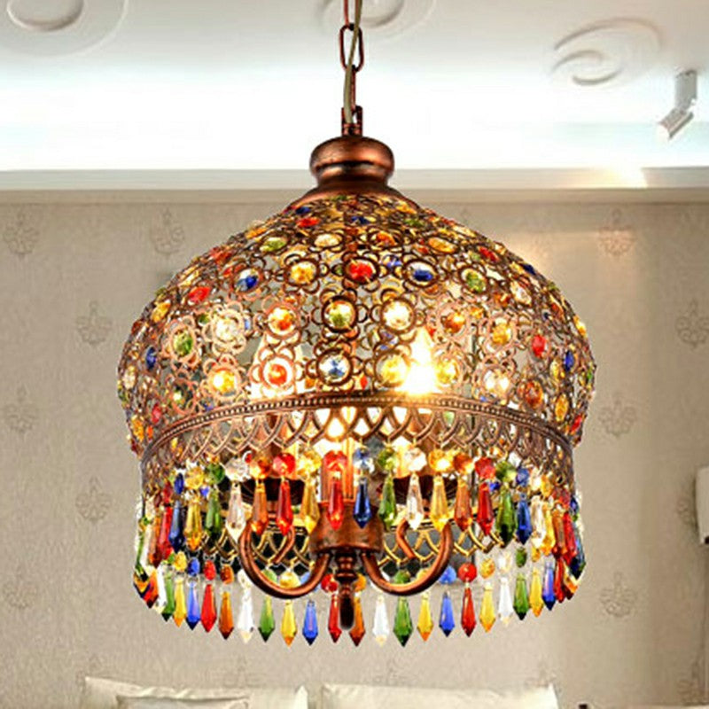 3 Heads Pendant Light Vintage Dome Iron Suspension Light Fixture with Crystal Accent